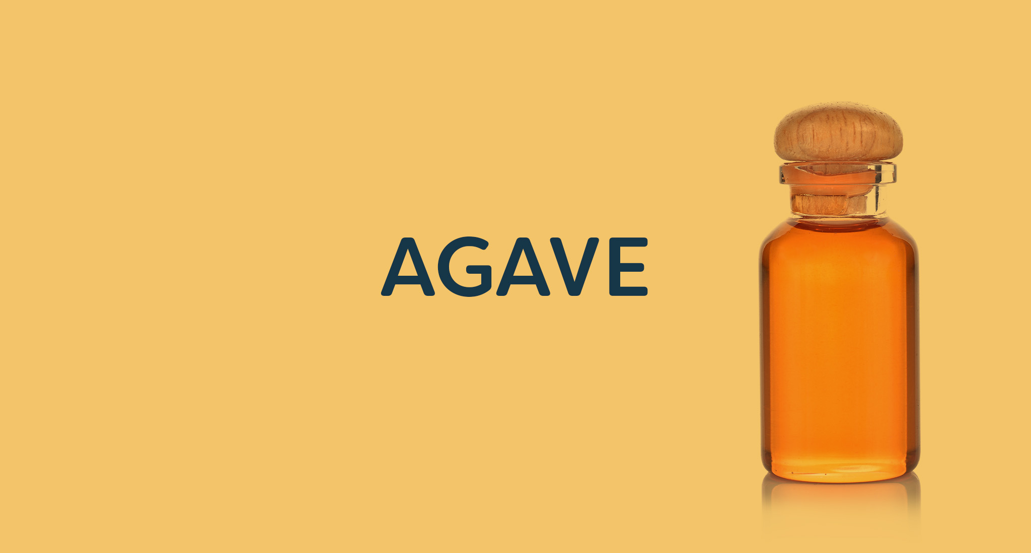 A small, clear bottle filled with amber agave syrup, corked with wood, against a yellow background, with the word AGAVE.