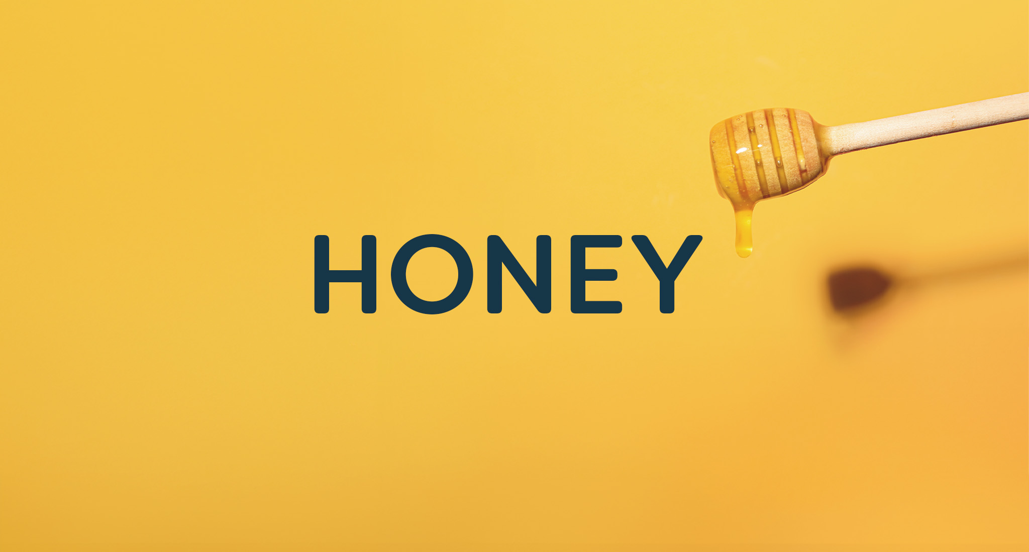 Wooden honey dipper dripping honey against a yellow background with 'Honey' text overlay.