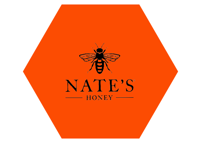Nate's Honey logo on orange hexagon.