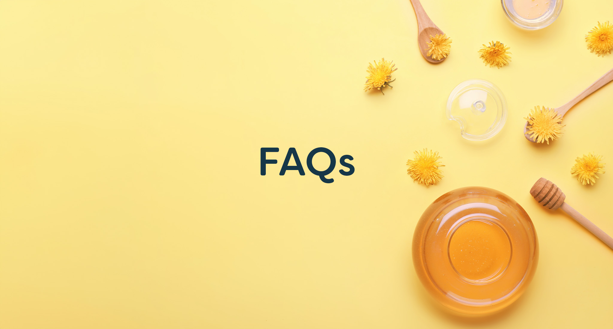 Jar of honey on a yellow background with 'FAQs' text overlay.