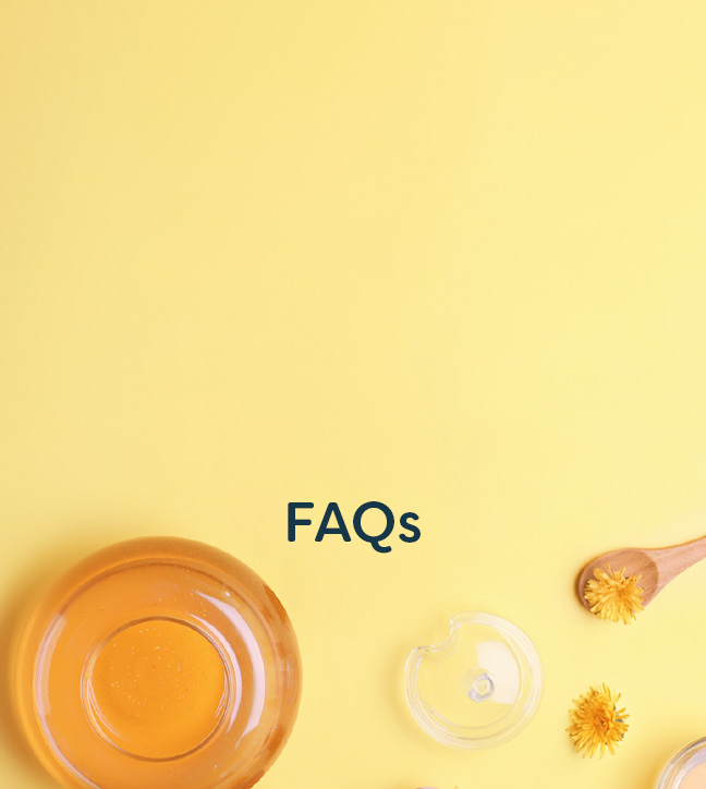 Jar of honey on a yellow background with 'FAQs' text overlay.
