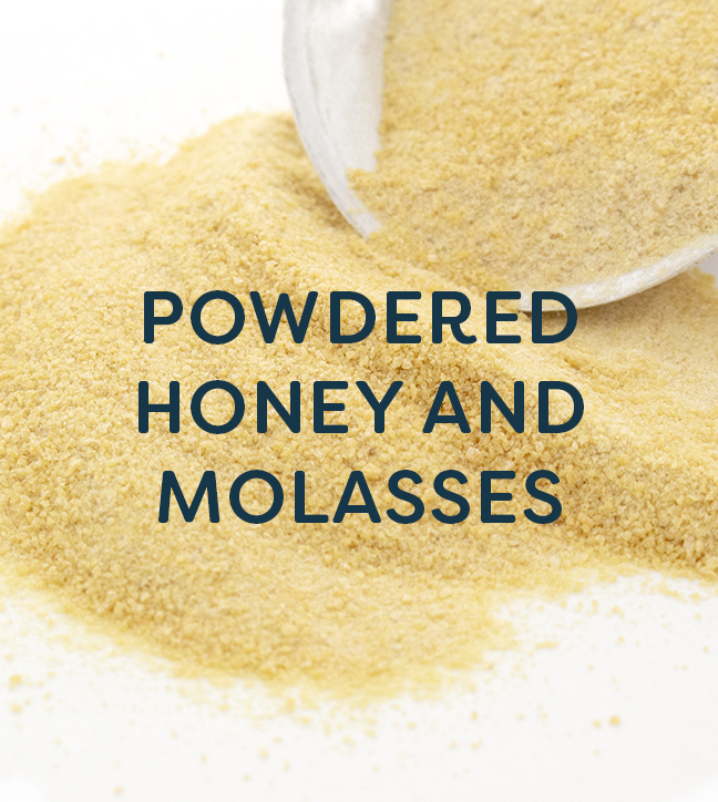 Powdered honey on white background with "Powdered Honey and Molasses" text overlay.