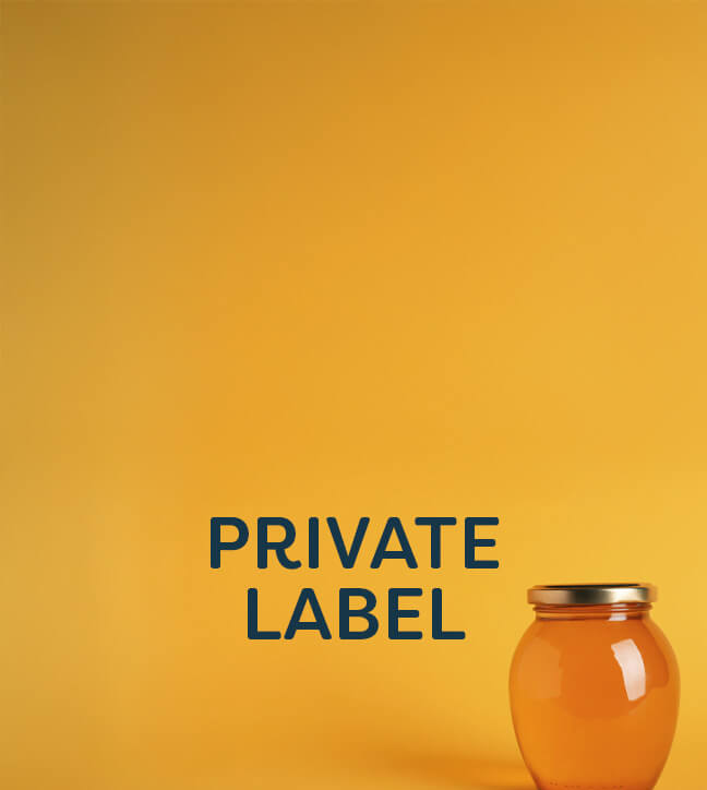 A clear jar of honey sitting on a yellow background with "Private Label" as a text overlay.