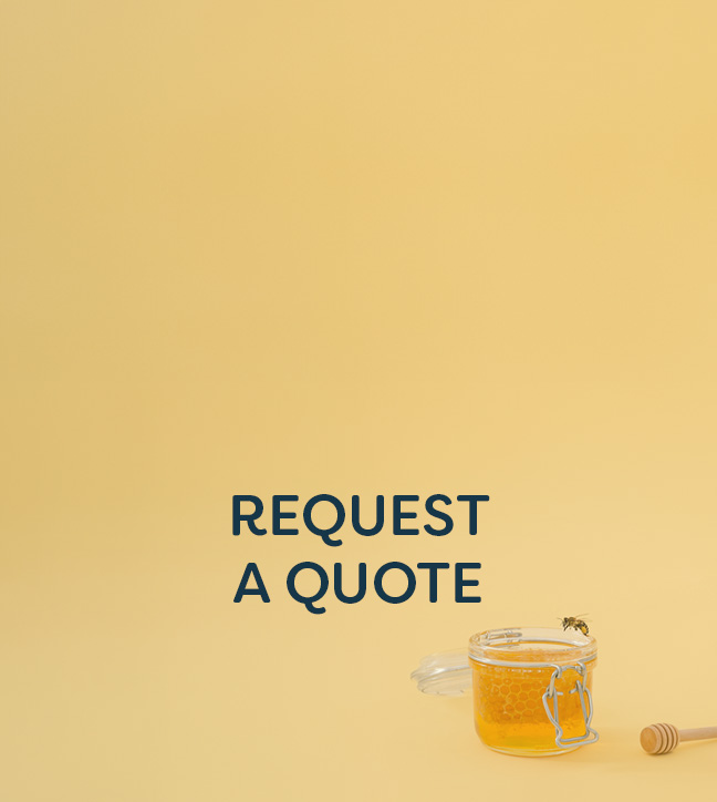 Jar of honey on a yellow background with 'Request A Quote' text overlay.