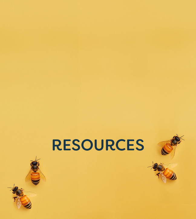 Bees on yellow background with 'Resources' text overlay..