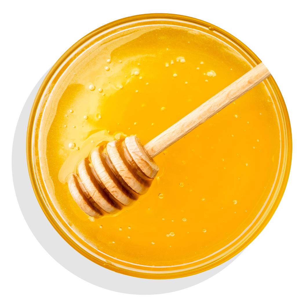 Wooden honey dipper in bowl of golden honey.
