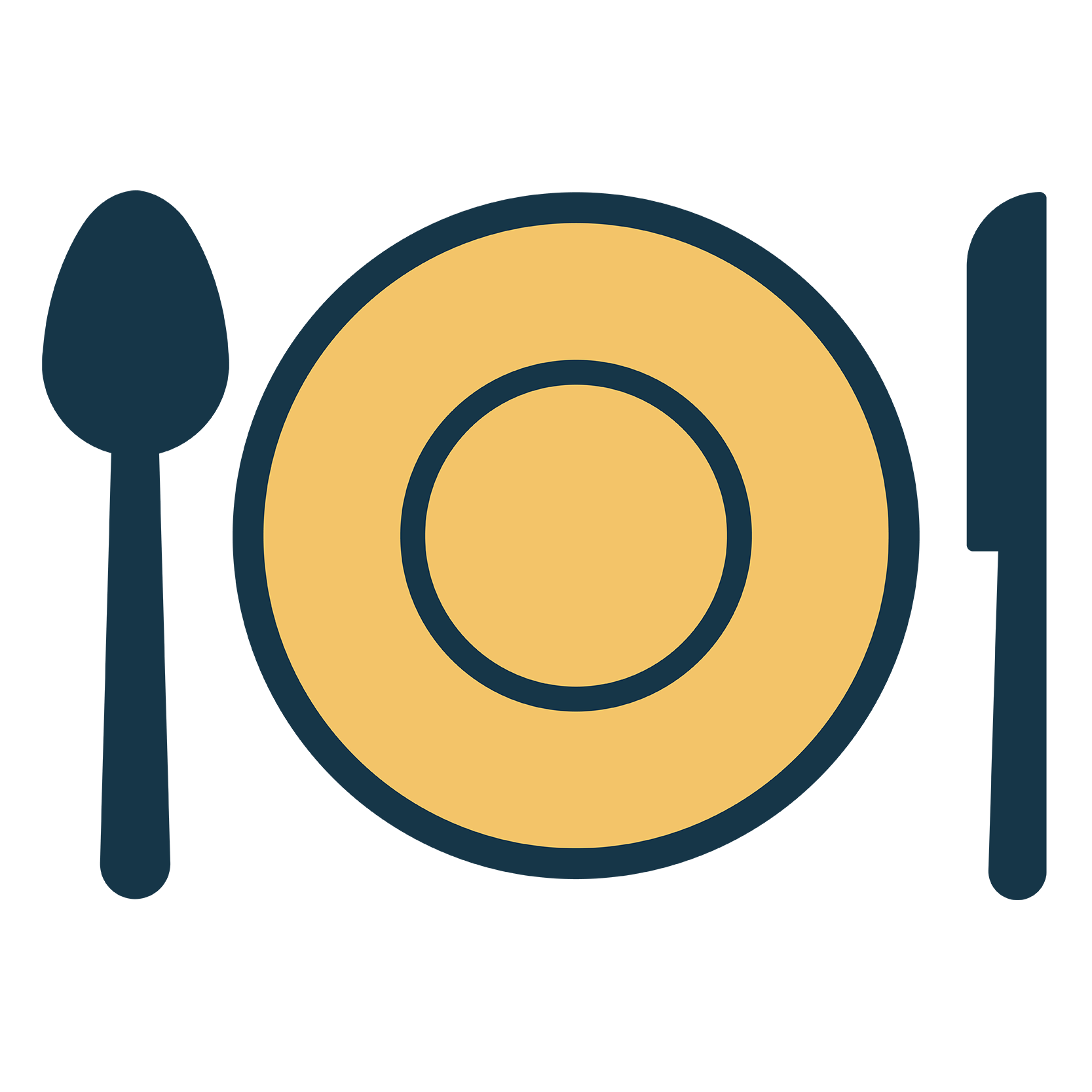 Plate, spoon and knife icon in navy blue.