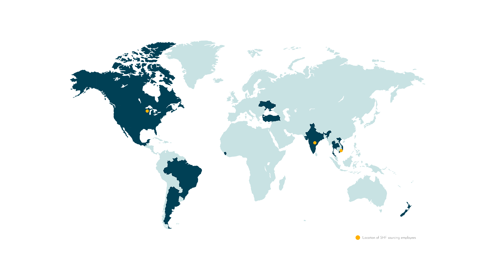 World map in shades of blue with highlighted points in yellow.