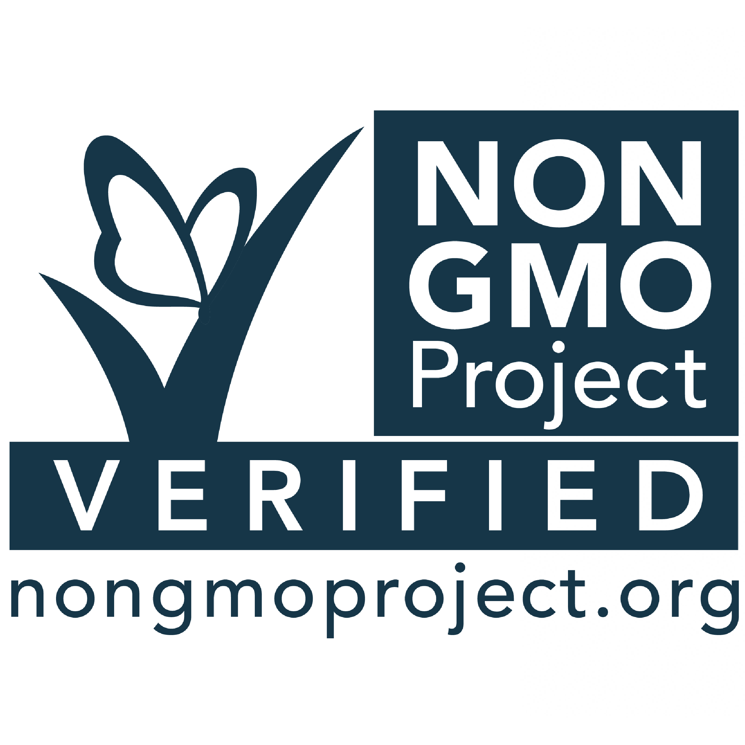Non-GMO icon in navy blue.