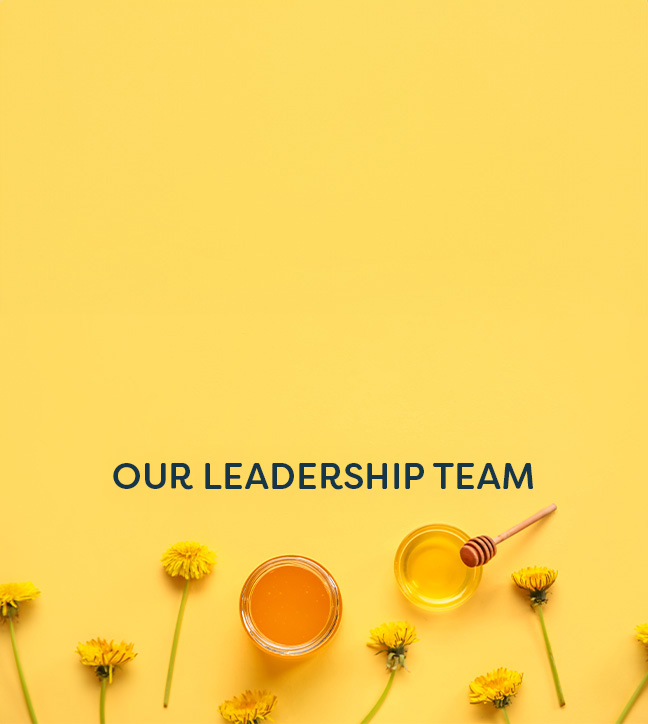 Yellow flowers and a bowl of honey on a yellow background with "Our Leadership Team" as a text overlay.