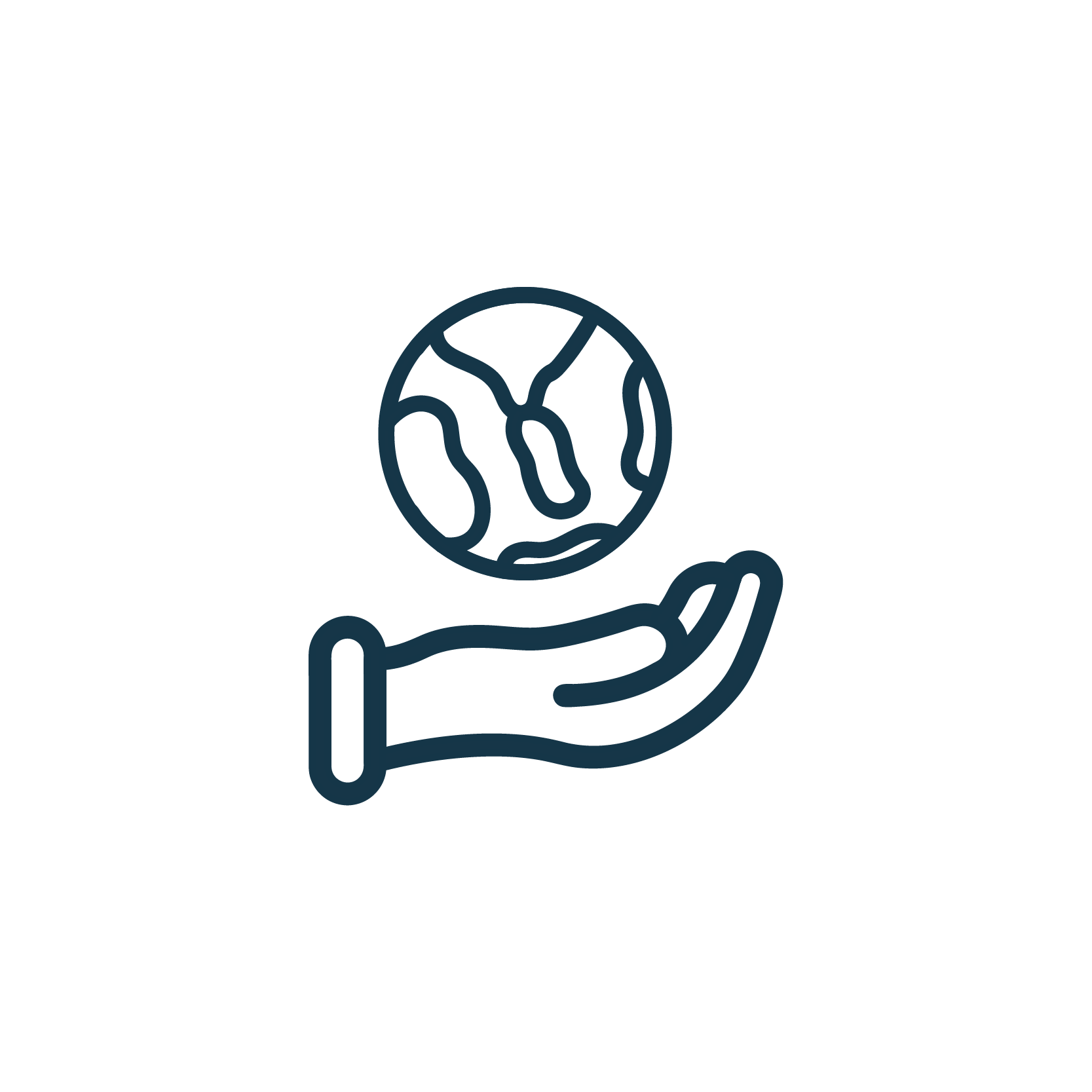 Hand holding earth icon in navy blue.