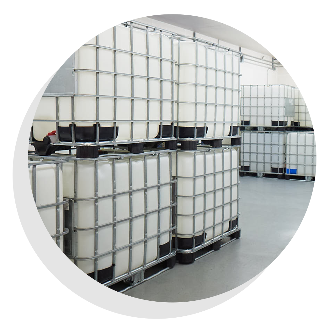 Stacked totes in warehouse.