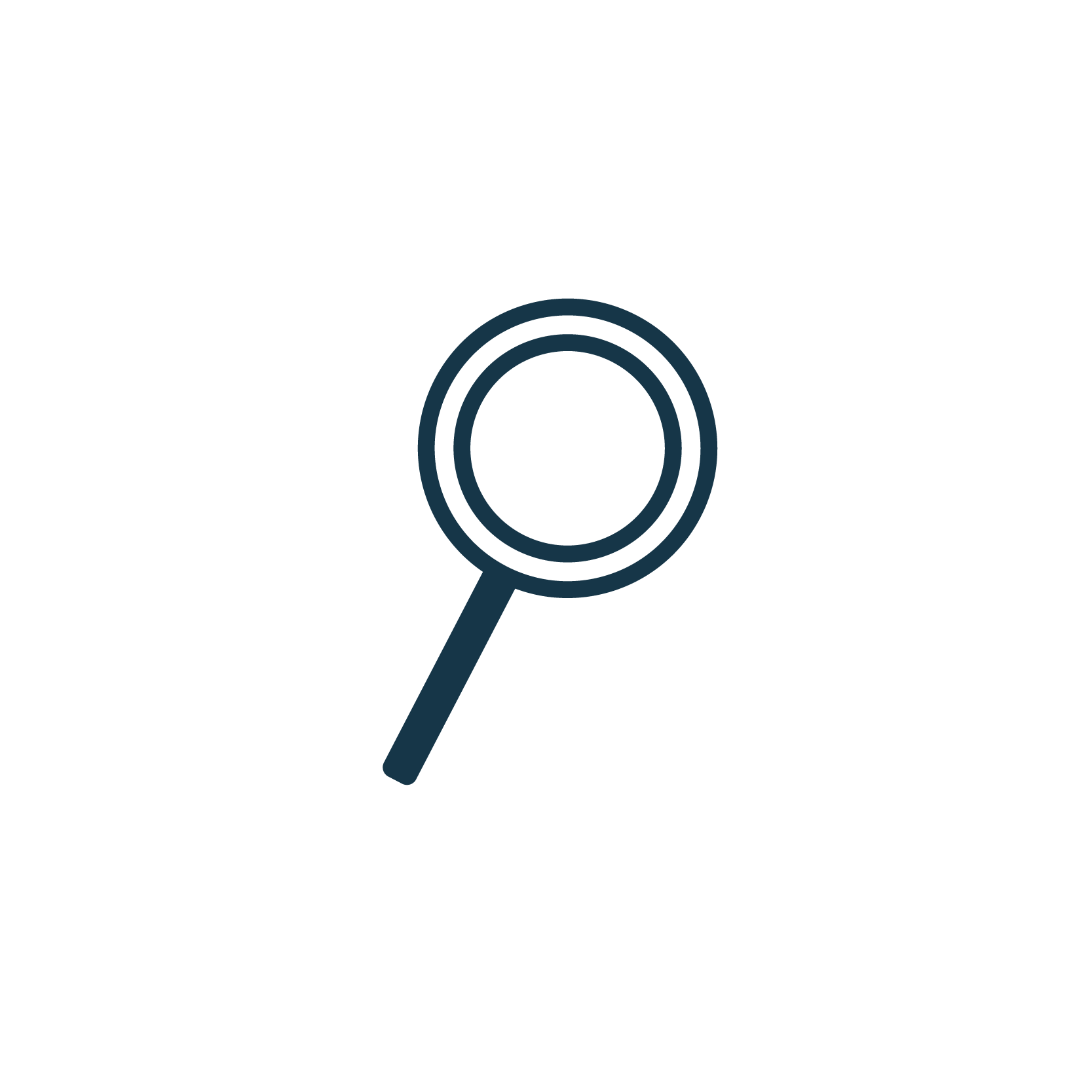 Magnifying glass icon in navy blue.