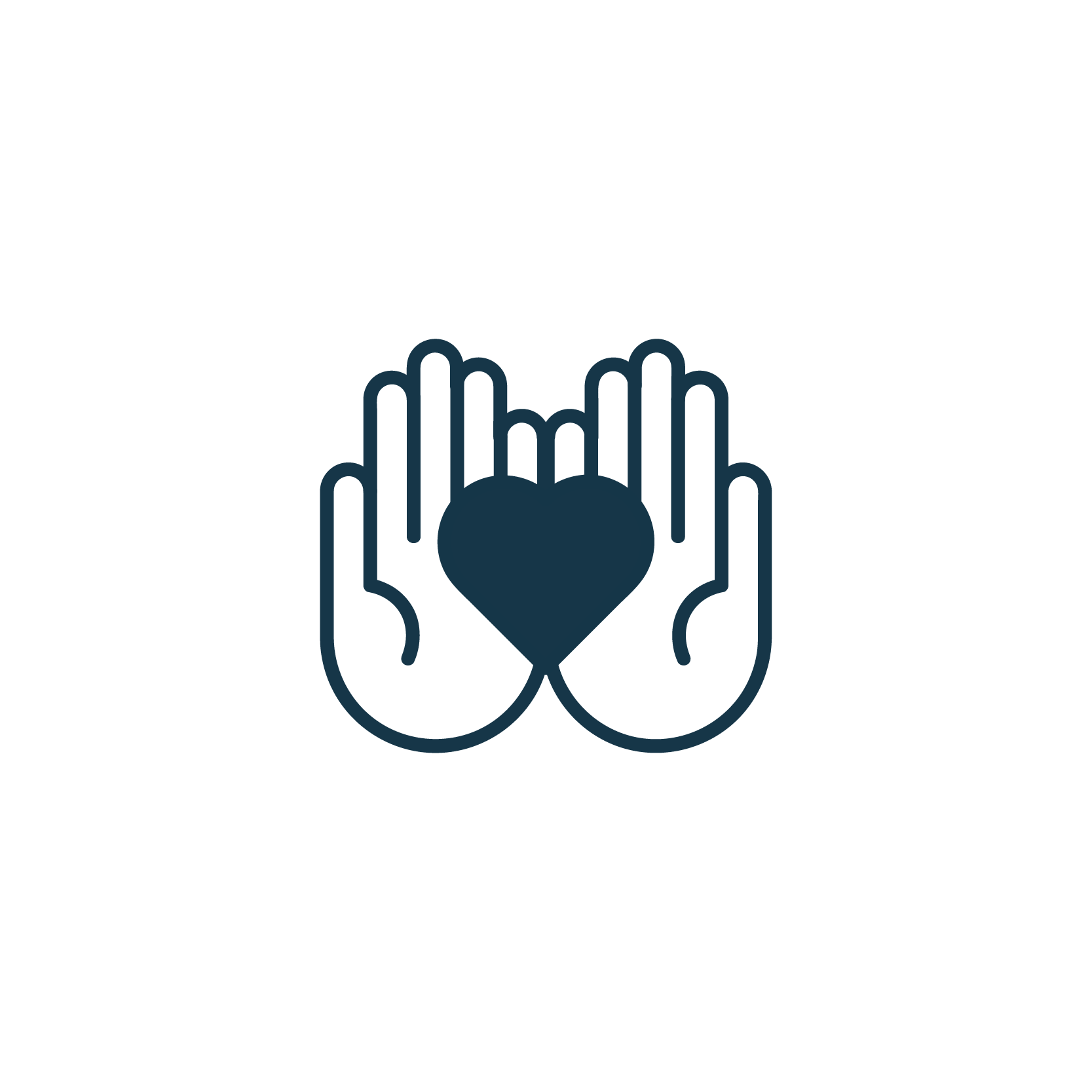 Social impact icon, hand holding heart in navy blue.